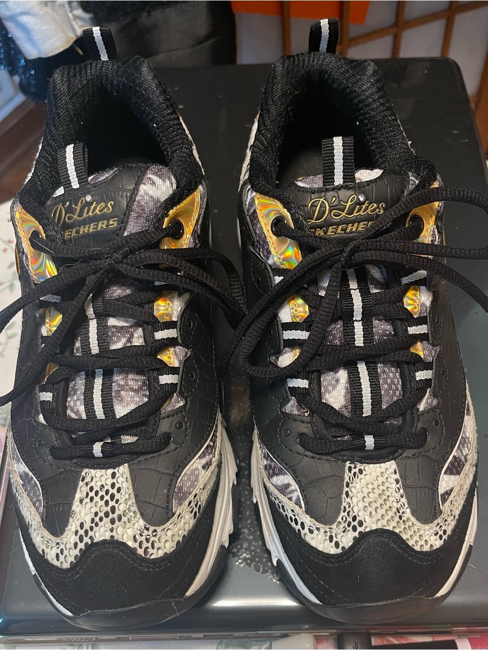Skechers D'Lites Black with Gold Iridescent & Cream Snakeskin Accents